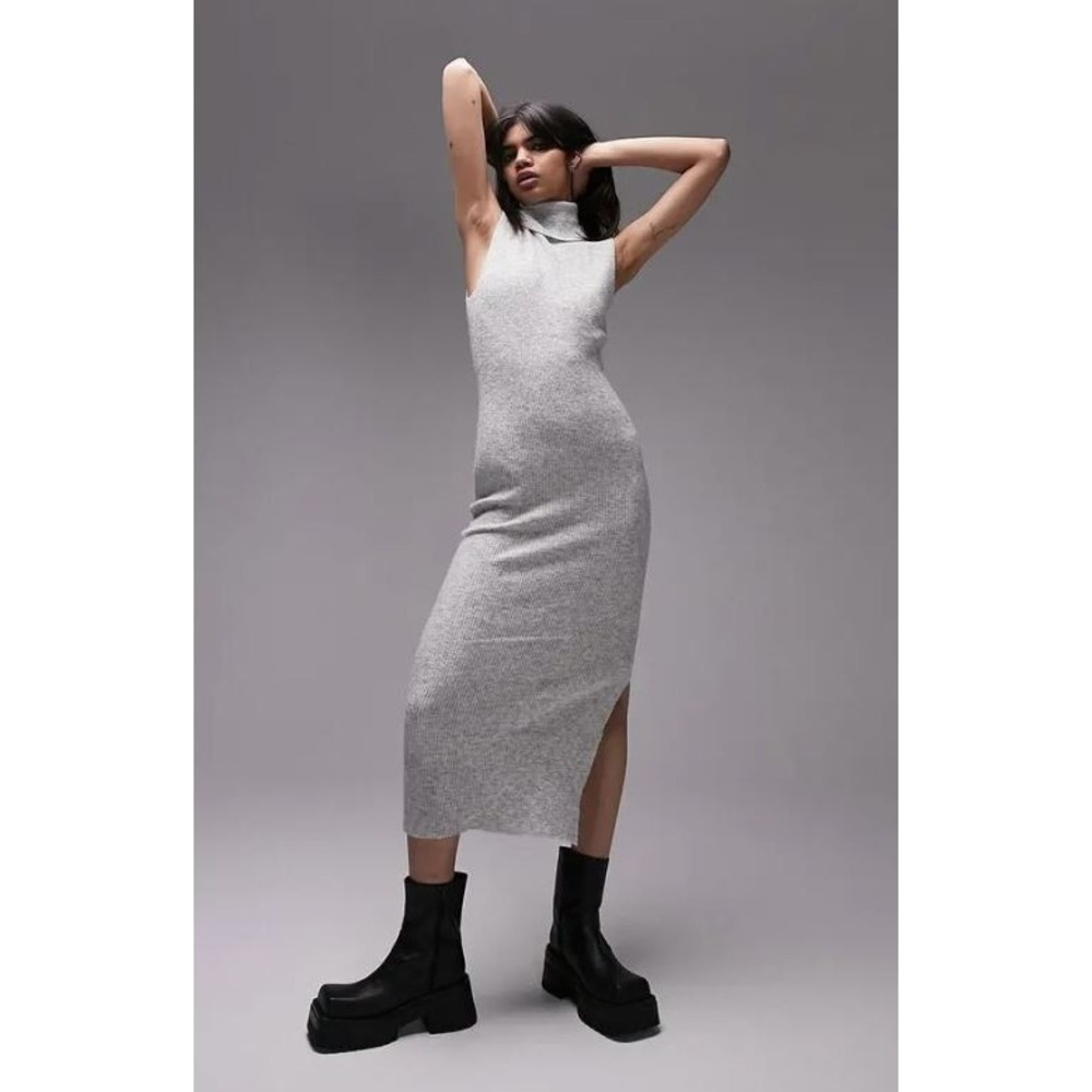 Topshop Women's Sleeveless Rib Knit Turtleneck Sweater Dress Grey Heather 8-10